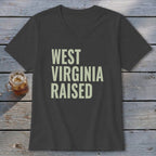 Dark grey v-neck t-shirt with "WEST VIRGINIA RAISED" text.