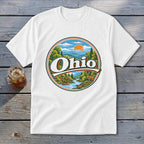 White t-shirt with a circular graphic of a scenic Ohio landscape and a deer.
