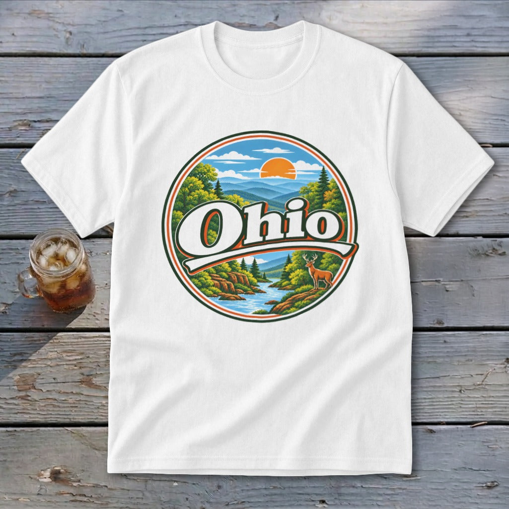 White t-shirt with a circular graphic of a scenic Ohio landscape and a deer.