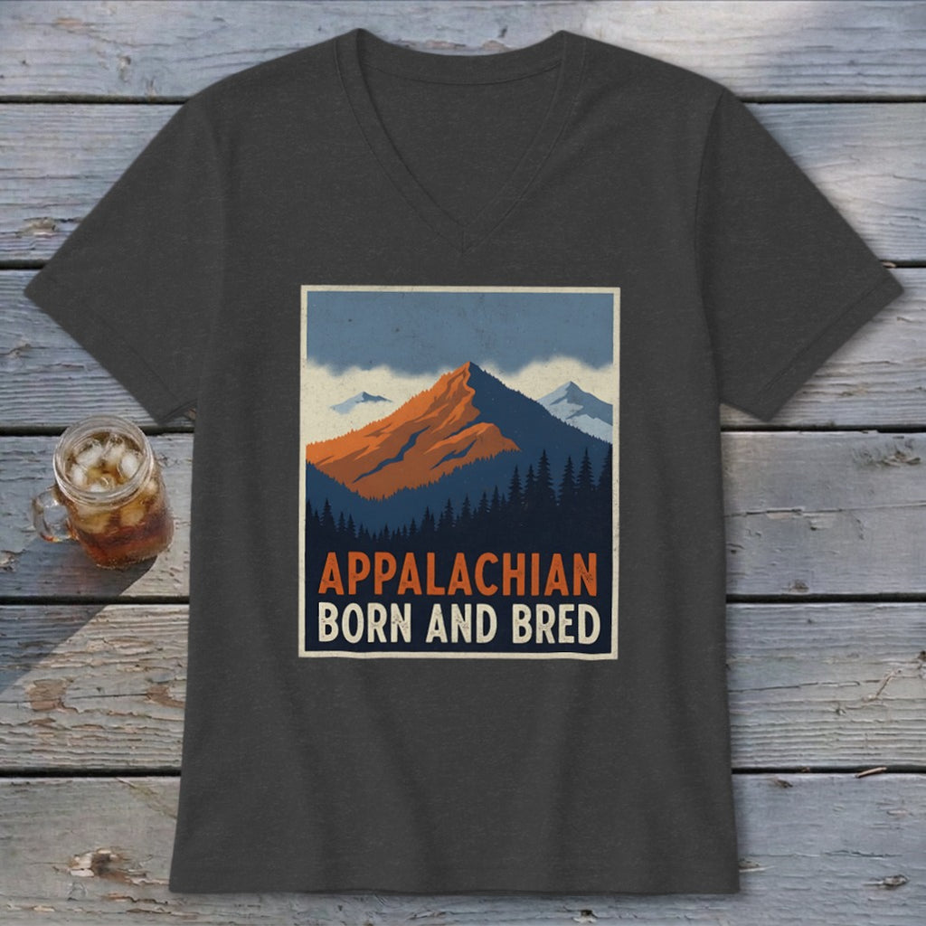 Charcoal V-neck t-shirt featuring a retro mountain graphic and Appalachian Born and Bred text.
