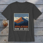 Charcoal V-neck t-shirt featuring a retro mountain graphic and Appalachian Born and Bred text.