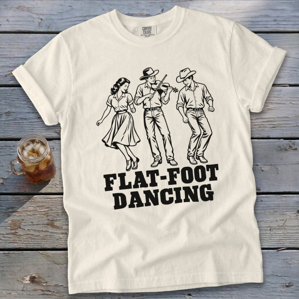 T-shirt with black line art of flat-foot dancers and "FLAT-FOOT DANCING" text.