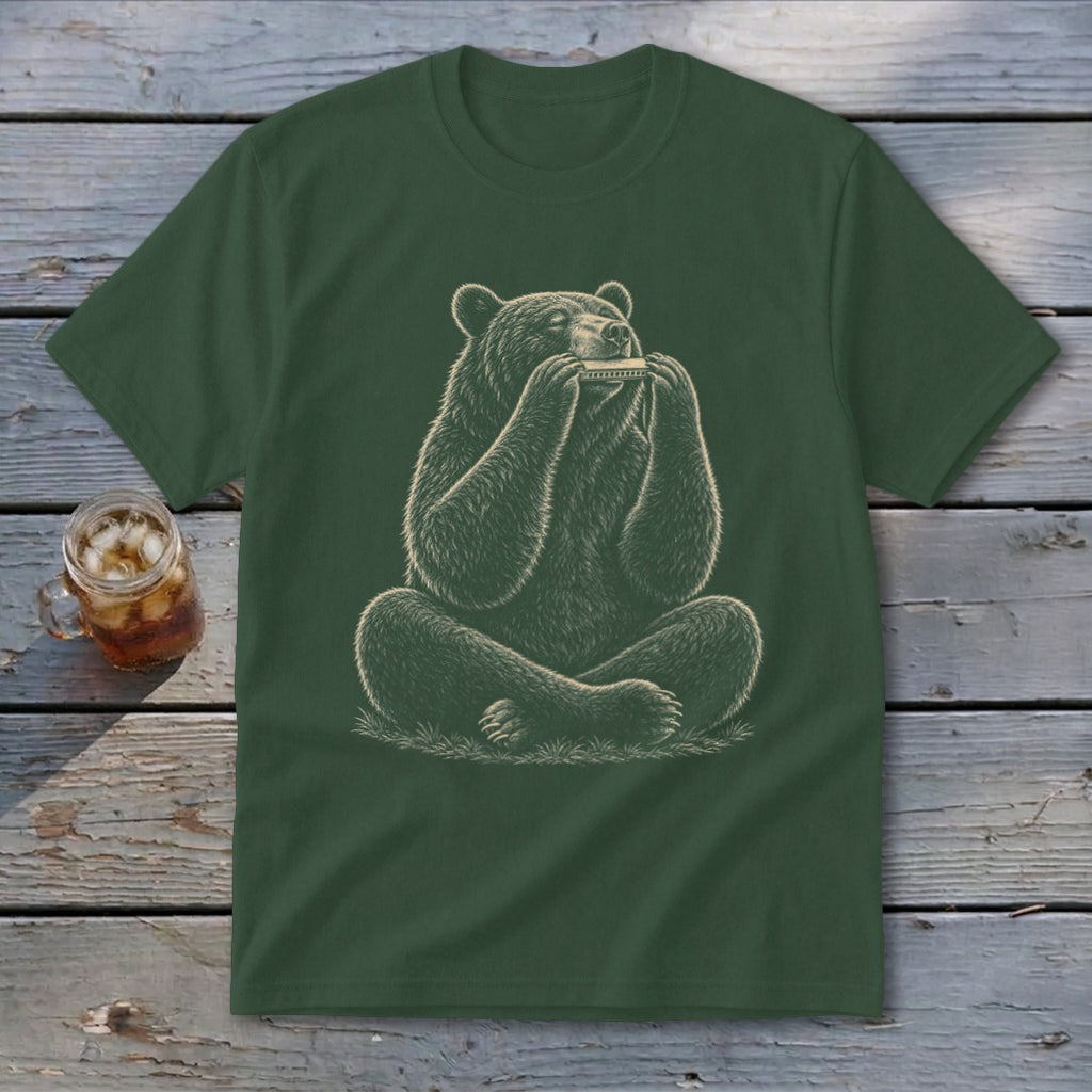 Green t-shirt with a drawing of a bear sitting and playing a harmonica.