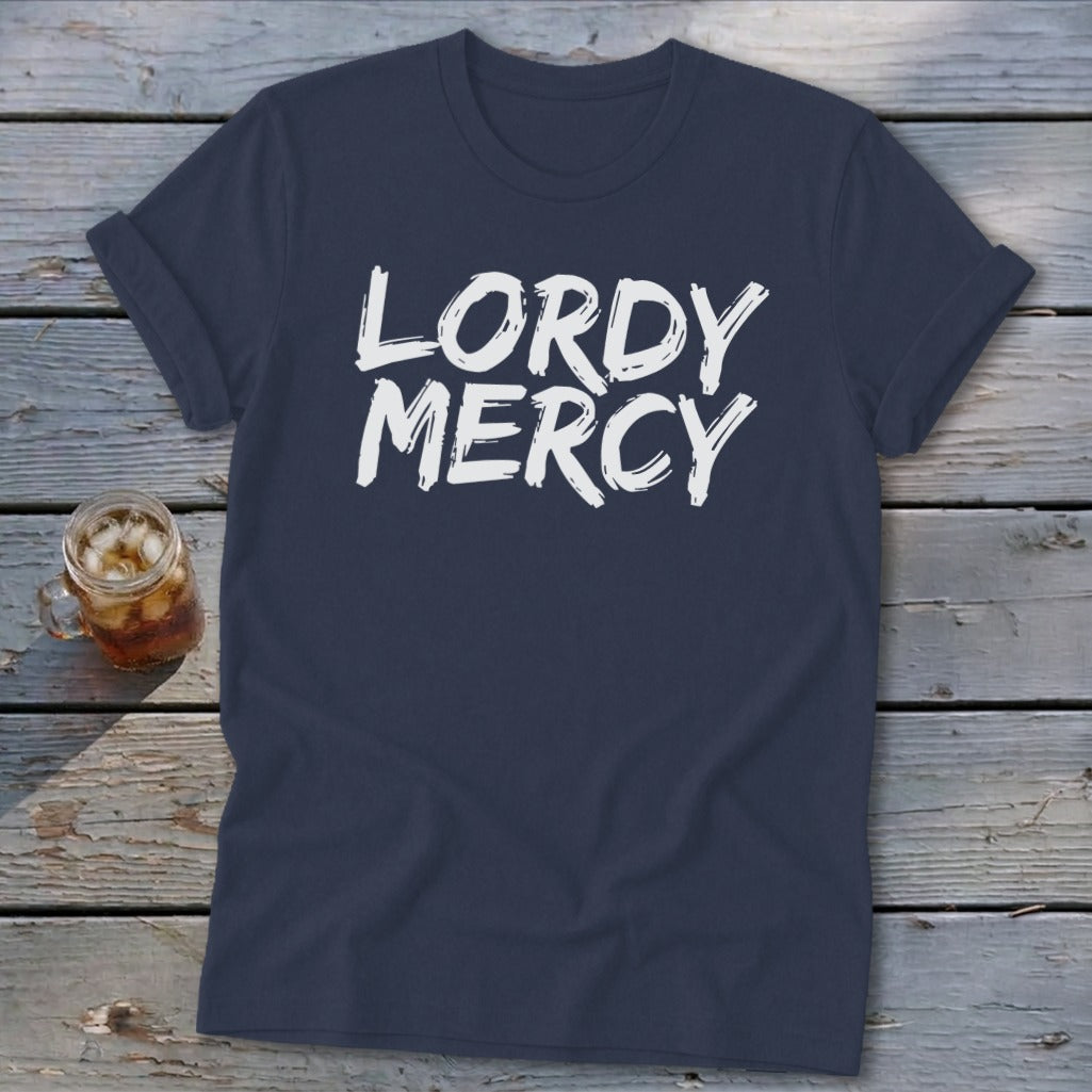 Navy t-shirt with white "LORDY MERCY" text and a glass of iced drink.