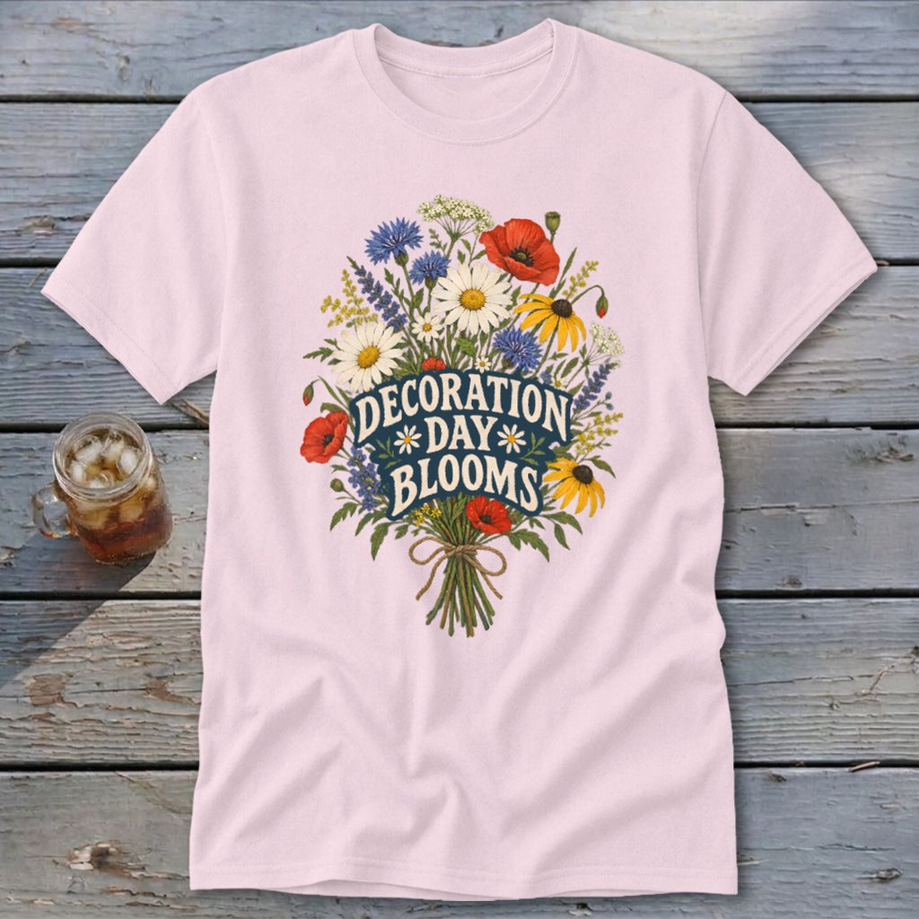 Pink t-shirt with a floral bouquet graphic that reads "Decoration Day Blooms".