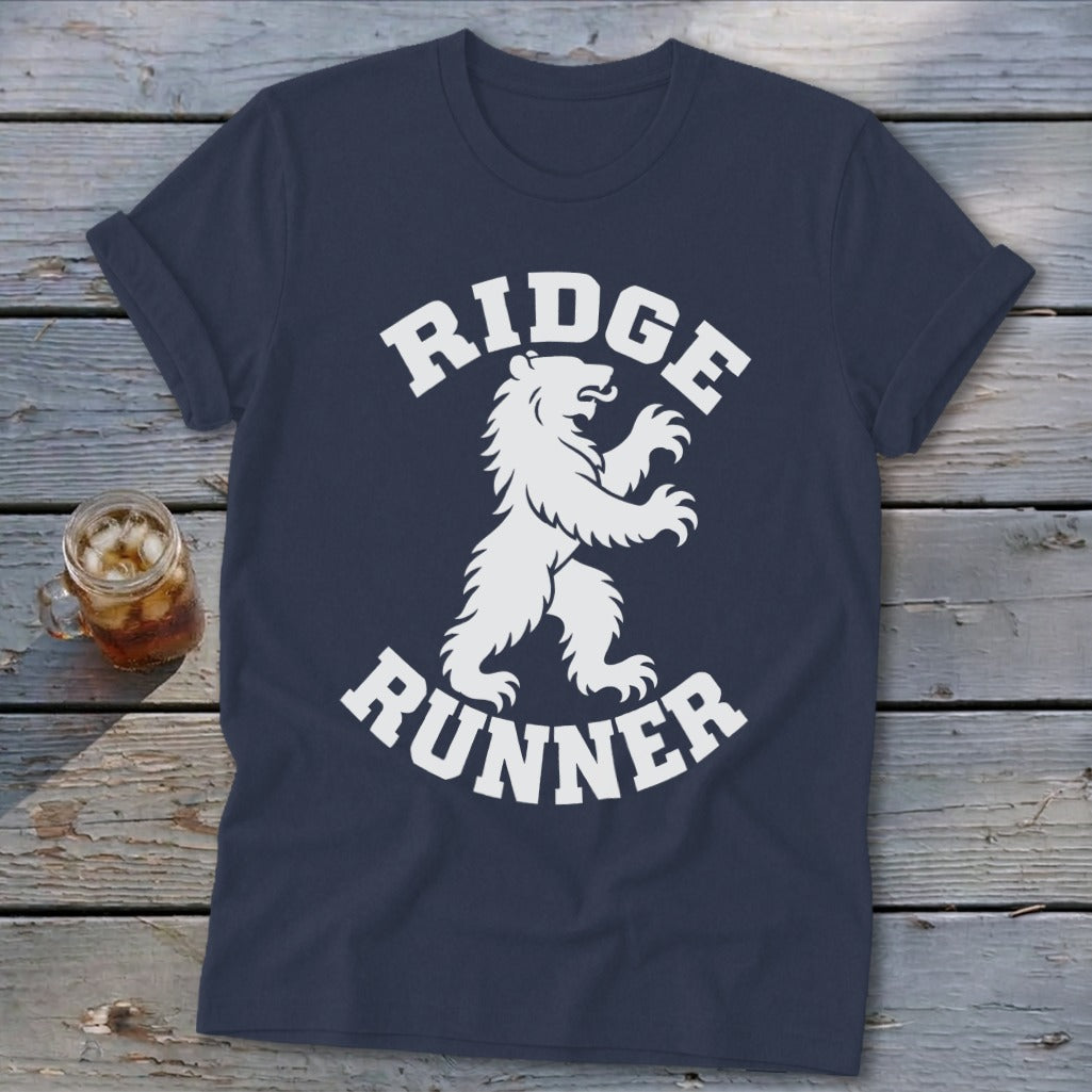 Navy t-shirt with white Ridge Runner bear graphic and text.