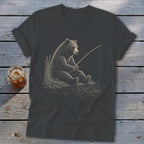 T-shirt with line drawing of a bear fishing by the water.