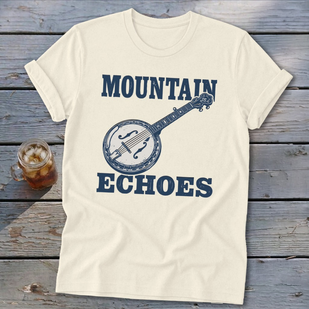 Off-white crewneck t-shirt with blue graphic of a banjo and the words MOUNTAIN ECHOES.