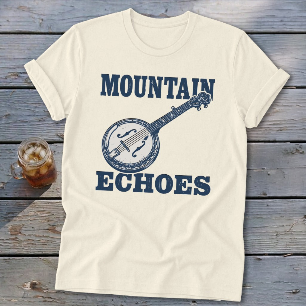 Off-white crewneck t-shirt with blue graphic of a banjo and the words MOUNTAIN ECHOES.