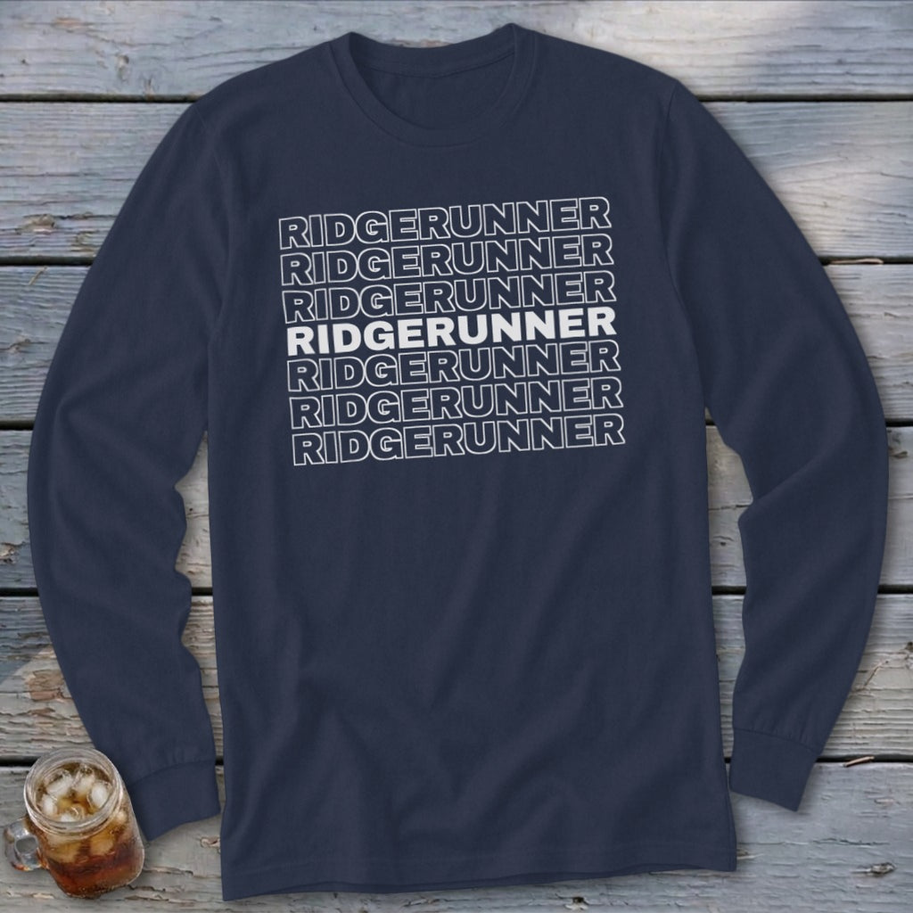 Navy long-sleeve shirt with "RIDGERUNNER" repeated seven times in white text.
