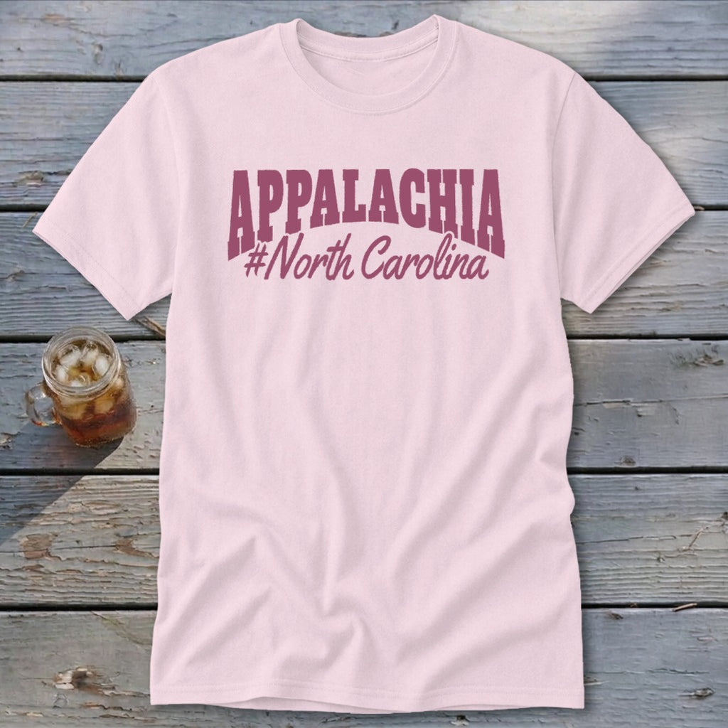 Light pink t-shirt with "APPALACHIA #North Carolina" text in maroon.