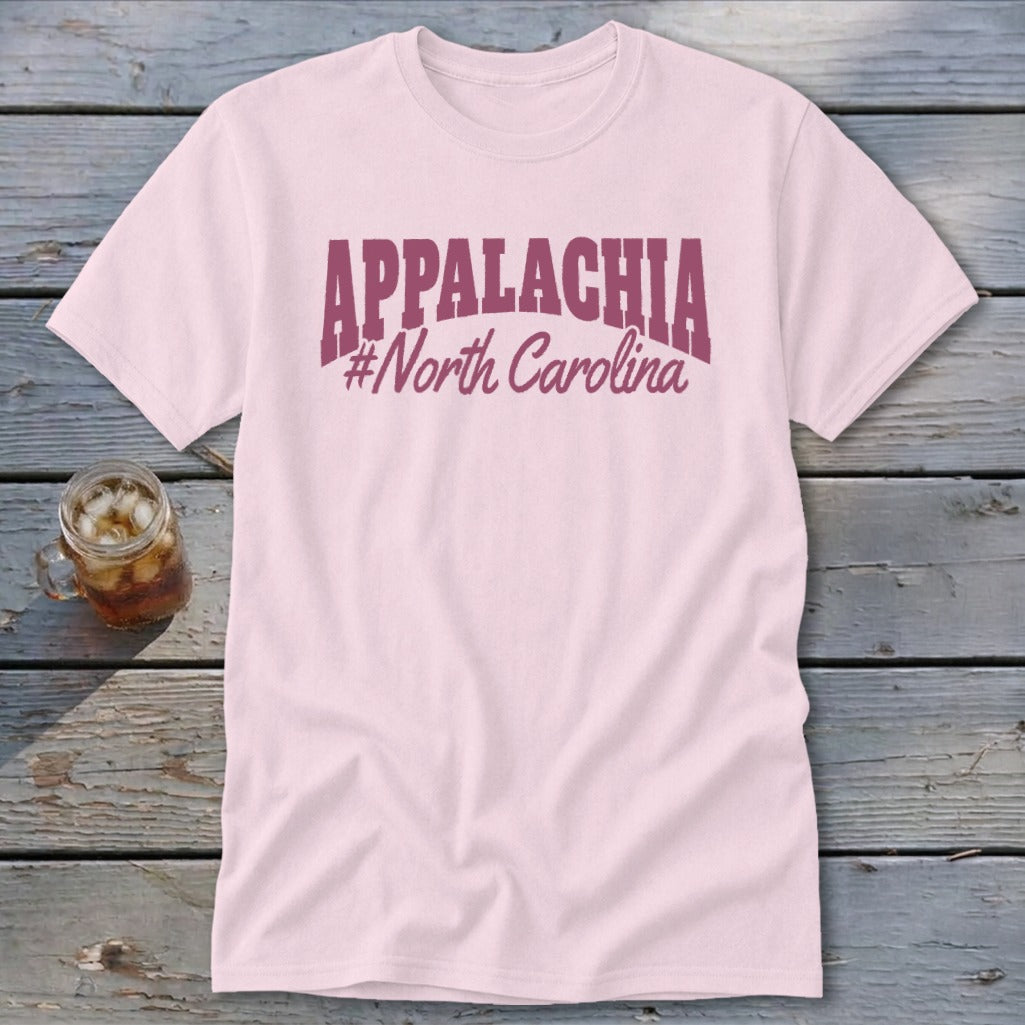 Light pink t-shirt with "APPALACHIA #North Carolina" text in maroon.