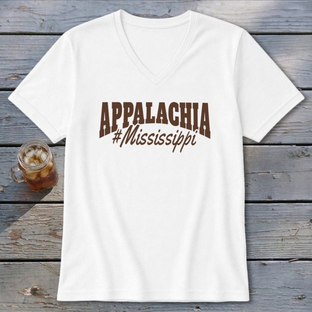 White V-neck t-shirt with "APPALACHIA" and "#Mississippi" in brown text.
