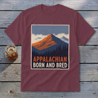 Maroon crewneck t-shirt featuring a retro mountain graphic and text reading Appalachian Born and Bred.