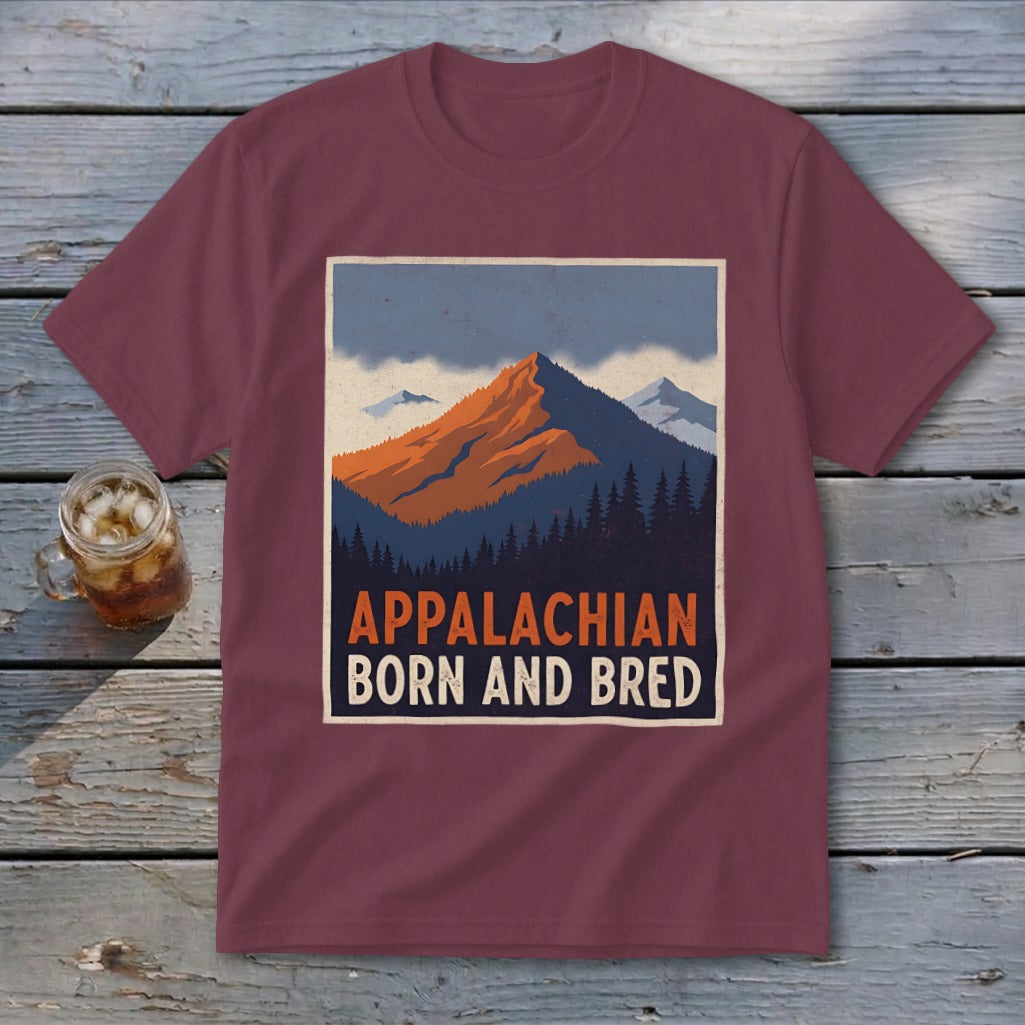 Maroon crewneck t-shirt featuring a retro mountain graphic and text reading Appalachian Born and Bred.
