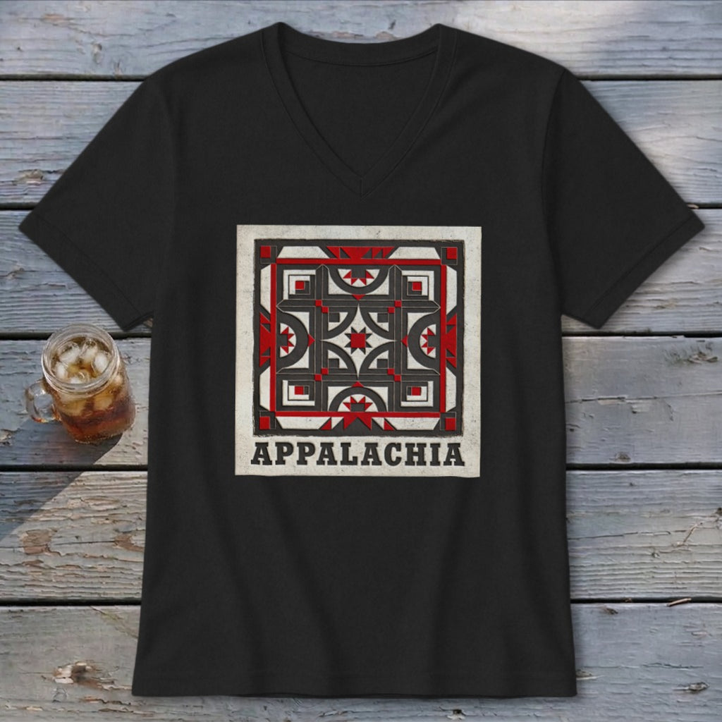 Black V-neck t-shirt featuring a geometric quilt block design in red, black, and white, with the text Appalachia below.