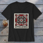 Black V-neck t-shirt featuring a geometric quilt block design in red, black, and white, with the text Appalachia below.