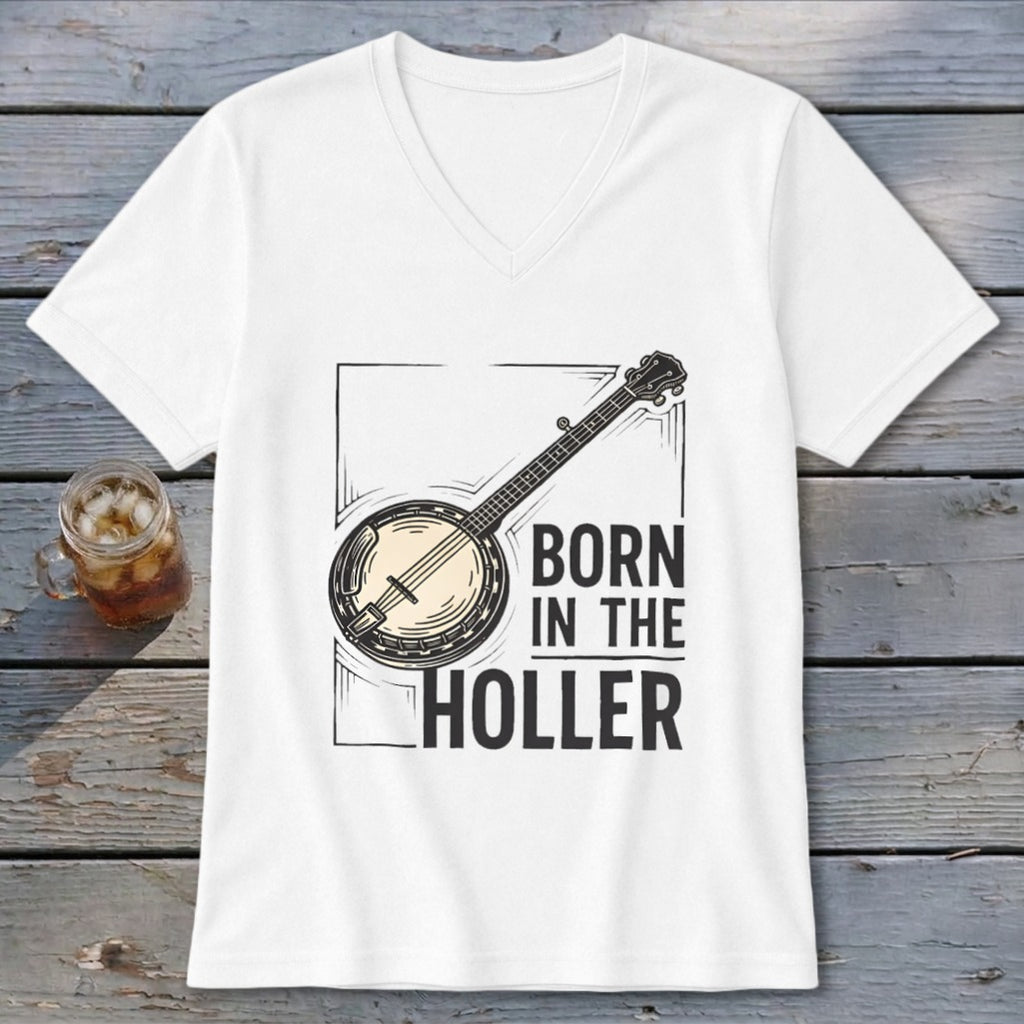 White t-shirt with banjo graphic and text "BORN IN THE HOLLER".