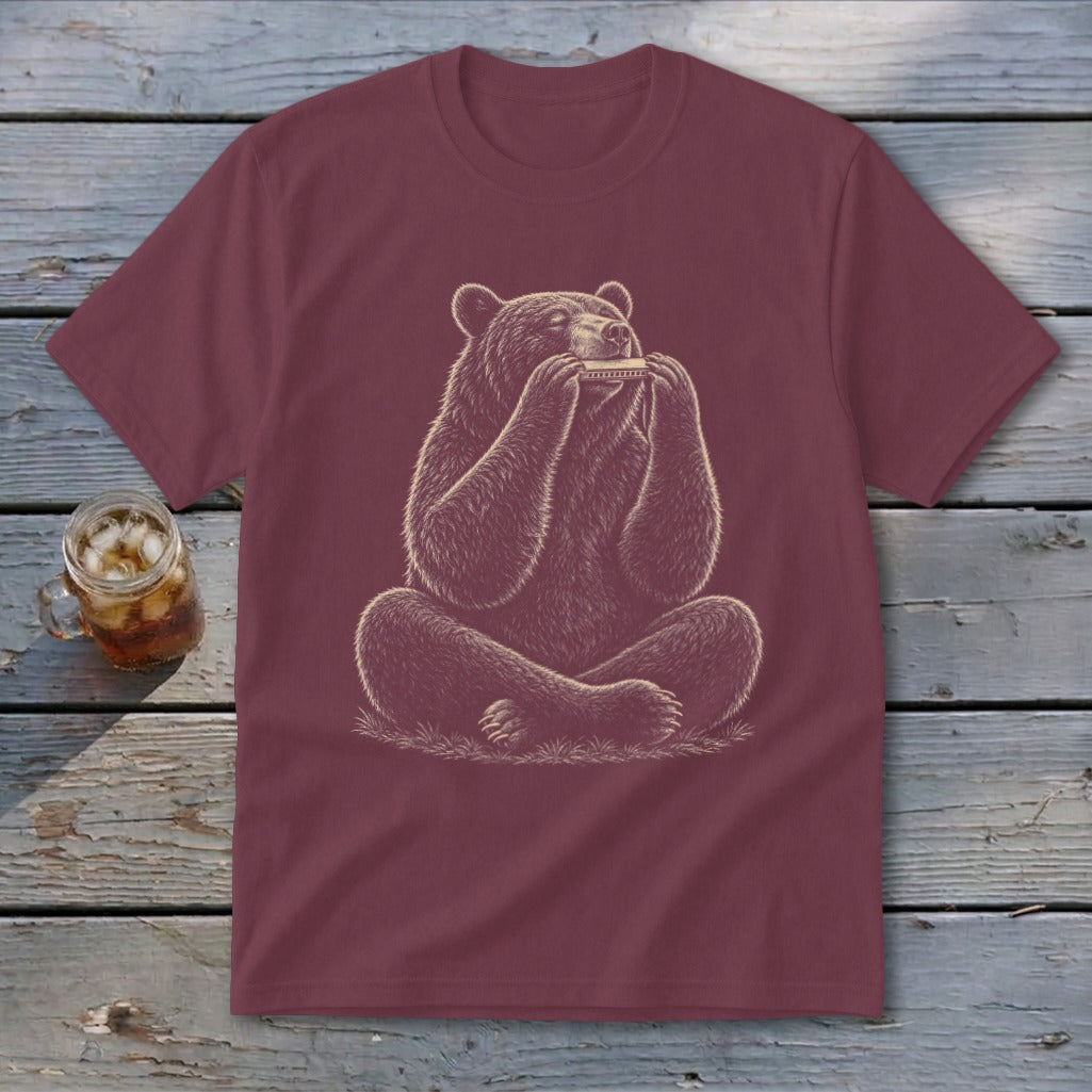 Maroon t-shirt with illustration of a bear playing a harmonica.
