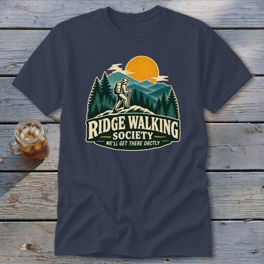 Navy t-shirt with "Ridge Walking Society" graphic featuring a hiker and mountains.