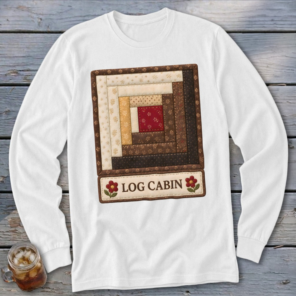 White long-sleeve shirt with a log cabin quilt design and "LOG CABIN" text.