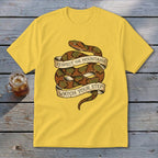 Yellow t-shirt with coiled snake and banner reading "Respect the Mountains Watch Your Step".