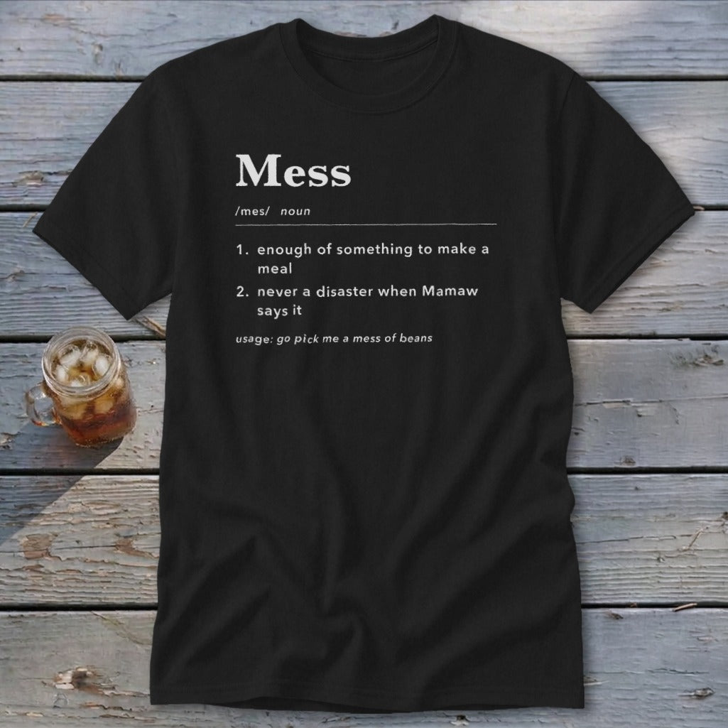 Black t-shirt with dictionary definition of "Mess" and usage example.