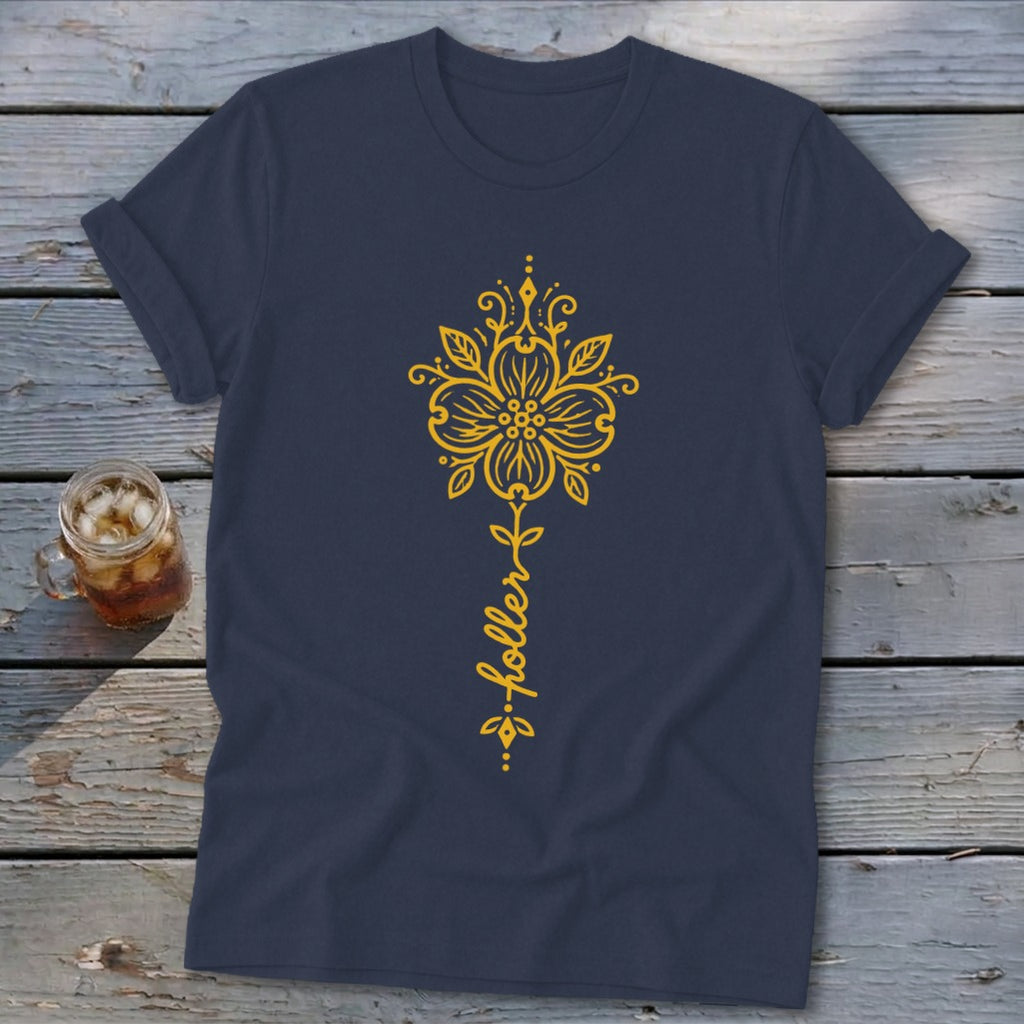 Navy t-shirt with yellow flower graphic and the word "holler".
