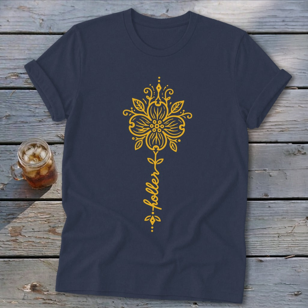 Navy t-shirt with yellow flower graphic and the word "holler".