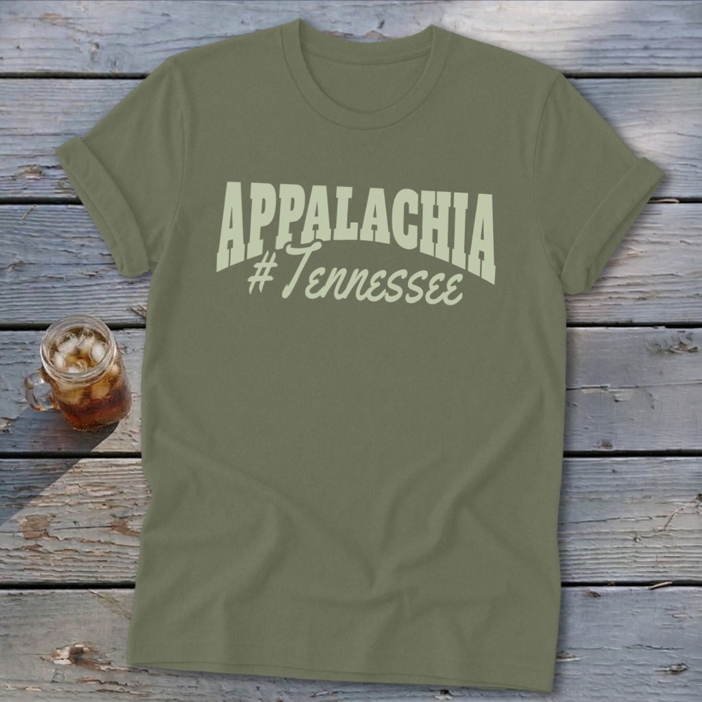 Olive green t-shirt with "APPALACHIA #Tennessee" text in cream color.