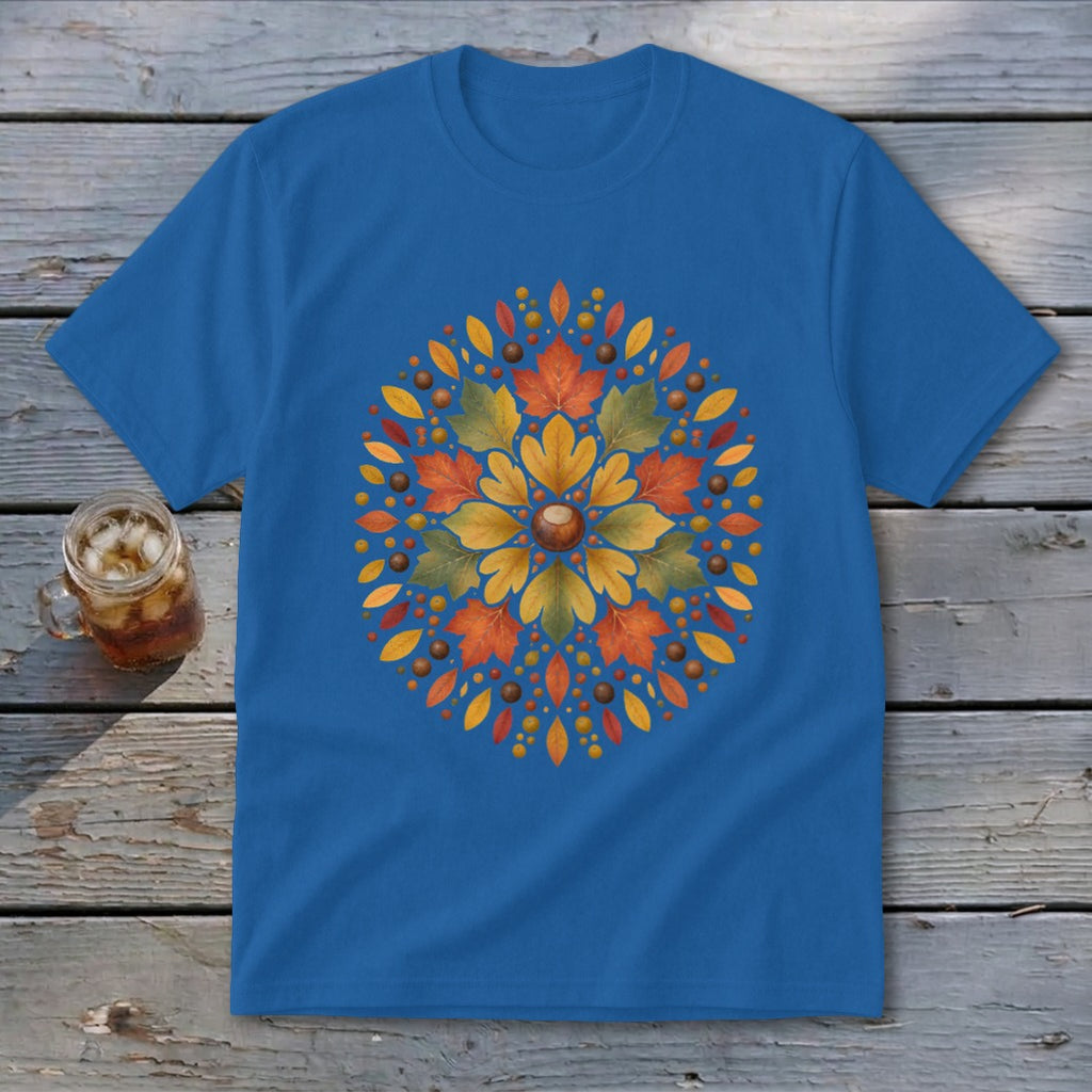 Blue t-shirt with a circular autumn leaf and acorn design