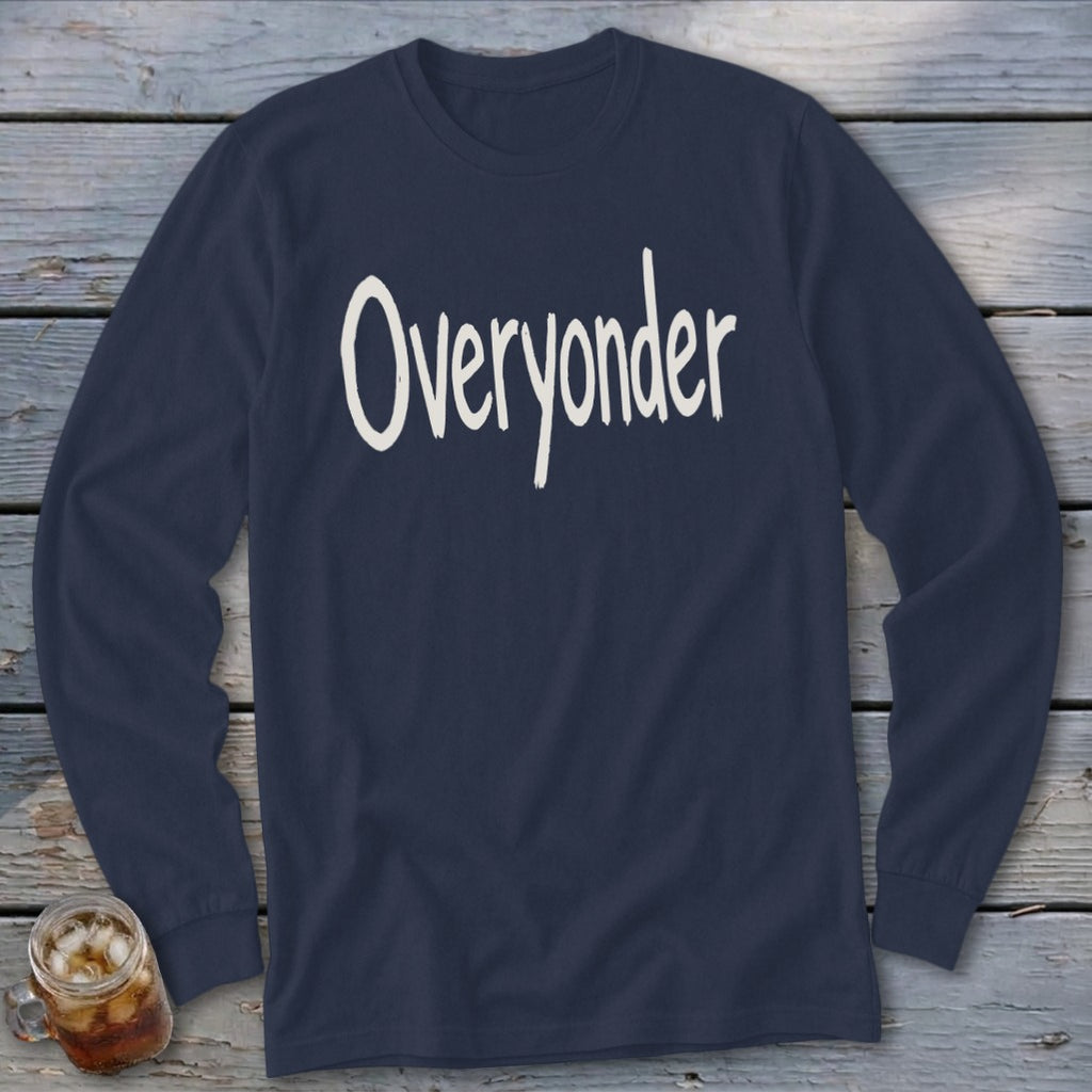Navy long sleeve shirt with "Overyonder" text in white script font.