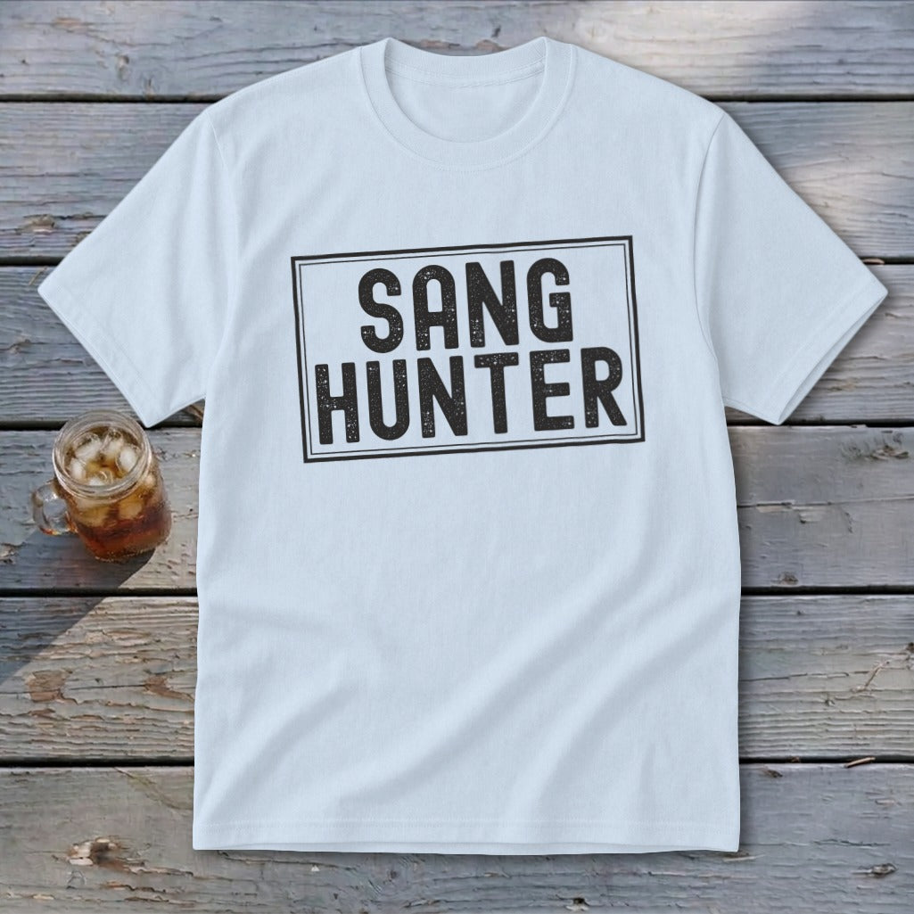 Light blue t-shirt with black text "SANG HUNTER" inside a rectangle.