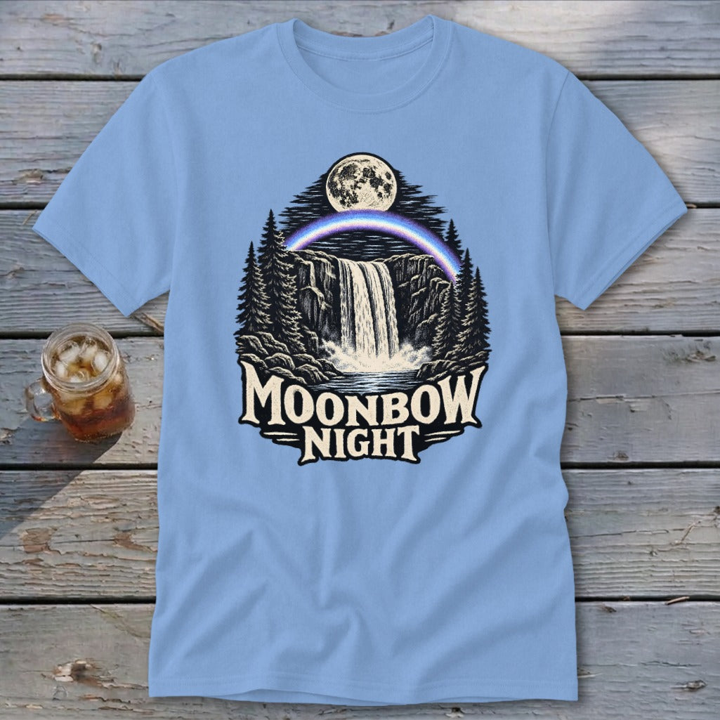 Light blue t-shirt with waterfall, moonbow, trees, and "Moonbow Night" text.