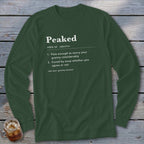 Dark green long sleeve shirt with "Peaked" definition.