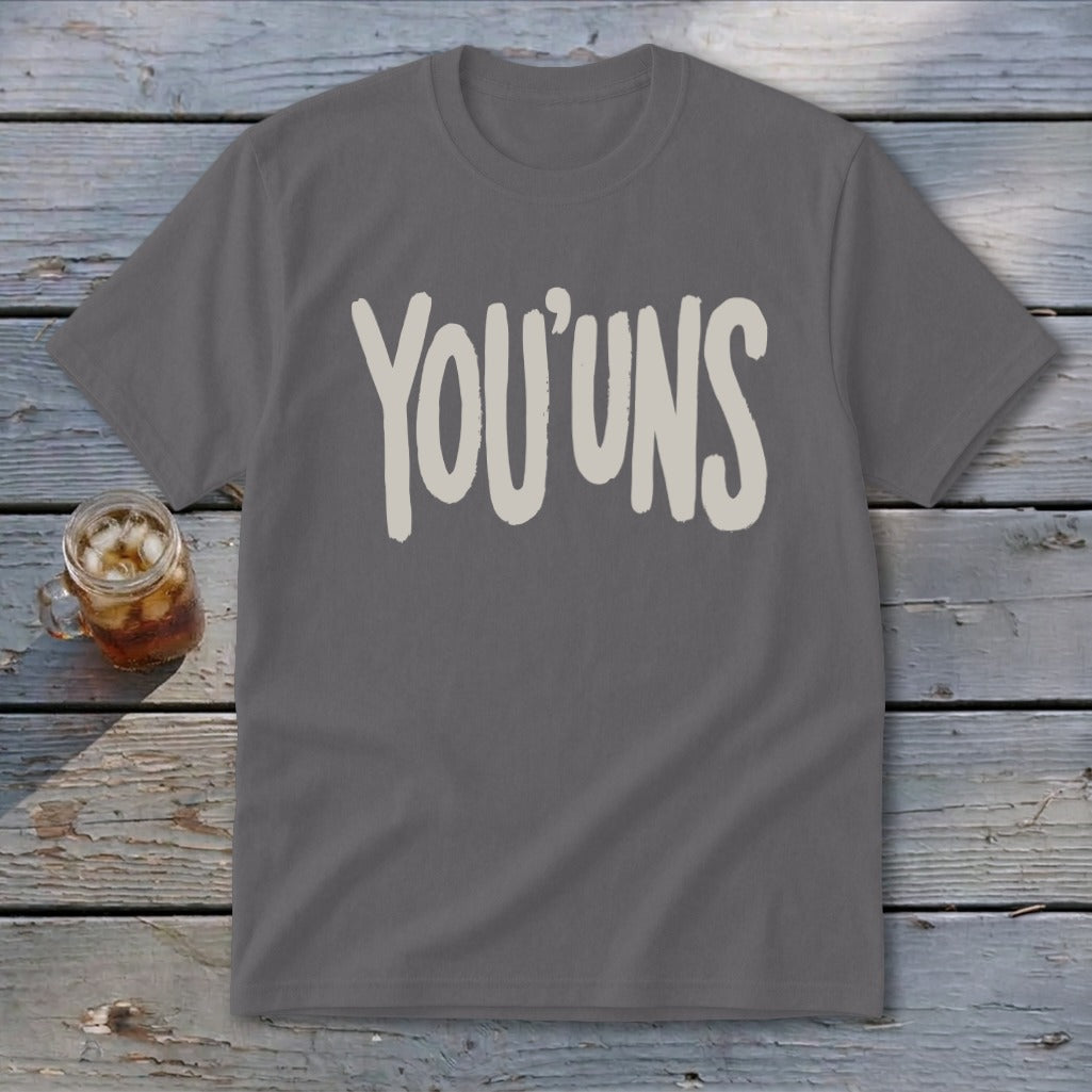 Gray t-shirt with "YOU'UNS" text in cream font.
