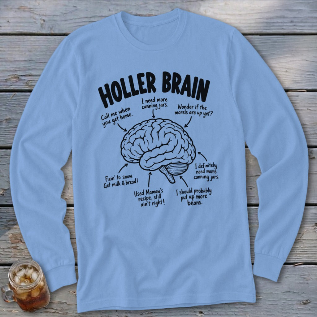 Holler Brain graphic on light blue long sleeve shirt with text captions.