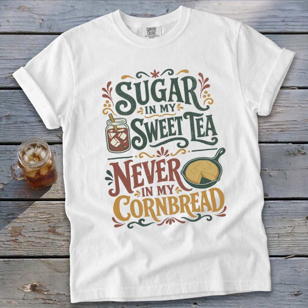 White t-shirt with "Sugar in my Sweet Tea Never in my Cornbread" graphic.