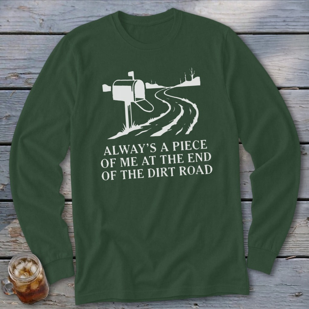 Green long-sleeve shirt with white graphic of a mailbox and dirt road and text.