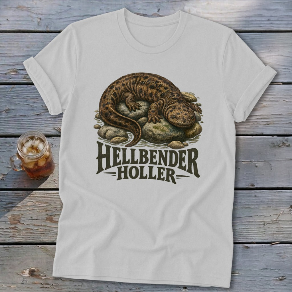 White t-shirt with illustration of a hellbender salamander on rocks and text "Hellbender Holler".