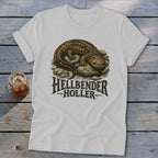 White t-shirt with illustration of a hellbender salamander on rocks and text "Hellbender Holler".