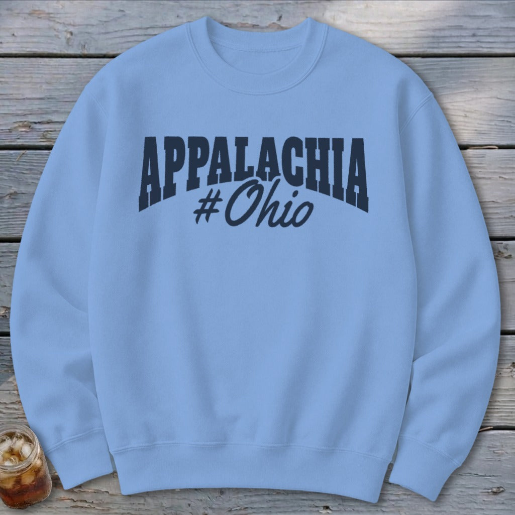 Light blue sweatshirt with "APPALACHIA #Ohio" text in dark blue.