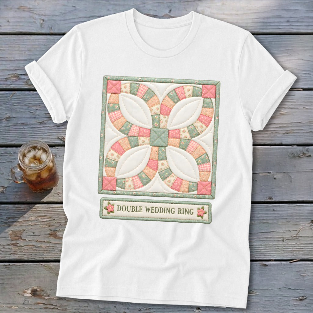 White t-shirt with a Double Wedding Ring quilt block graphic and text.
