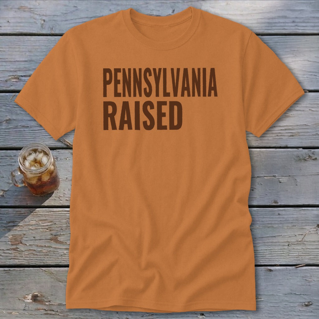 Orange t-shirt with brown text "PENNSYLVANIA RAISED" on a wooden background.