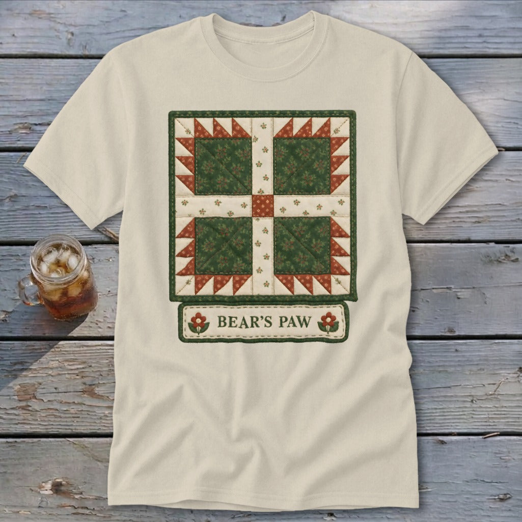 Cream t-shirt with a Bear's Paw quilt design and text.