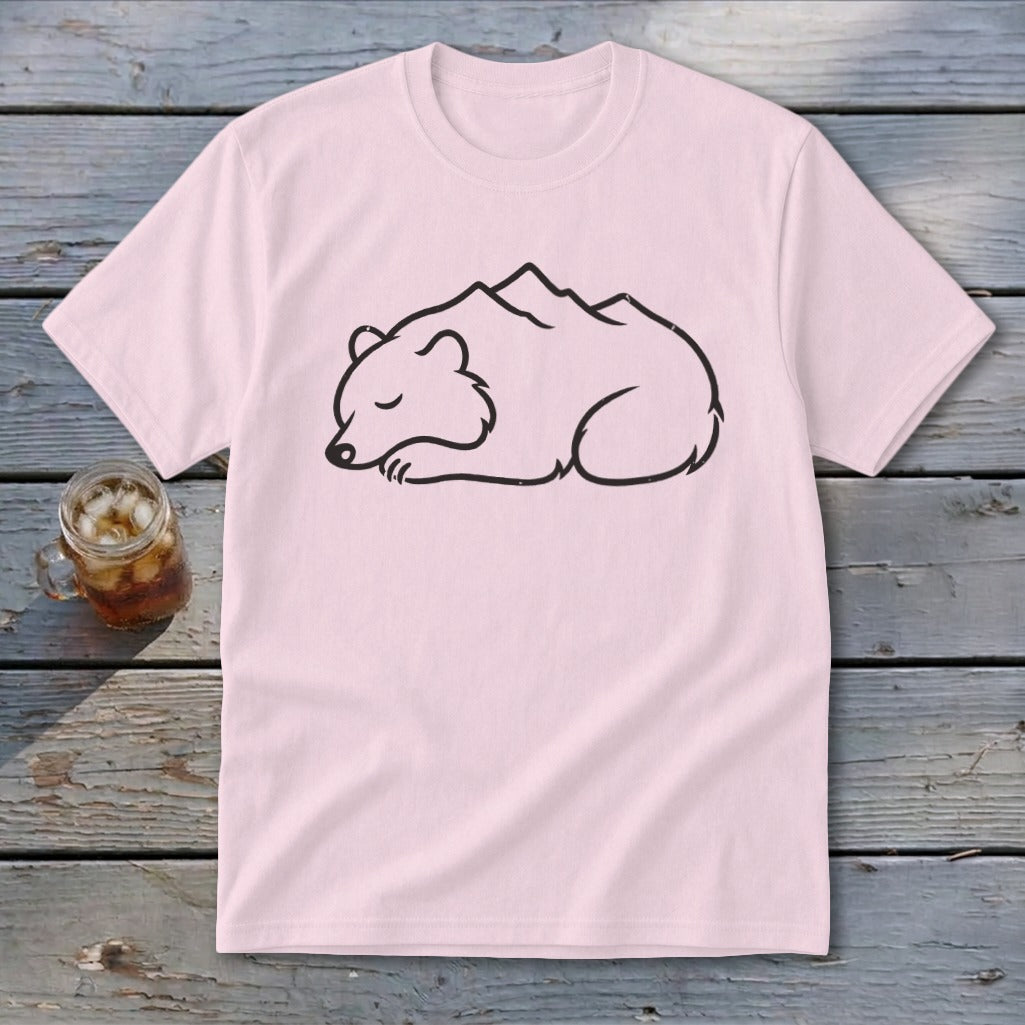 Pink t-shirt with sleeping bear and mountain graphic.