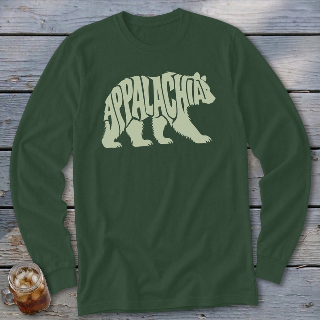 Dark green long-sleeve t-shirt featuring a light green bear graphic with the word Appalachia written inside it.