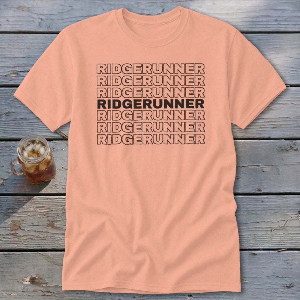 Peach crewneck t-shirt with the word RIDGERUNNER repeated in black text across the chest.