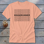 Peach crewneck t-shirt with the word RIDGERUNNER repeated in black text across the chest.
