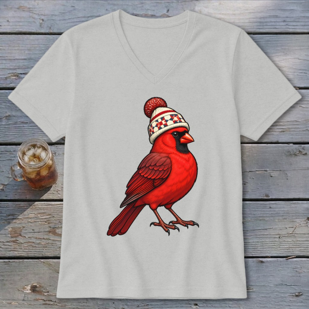 Light gray V-neck t-shirt featuring a graphic of a bright red cardinal wearing a winter hat.